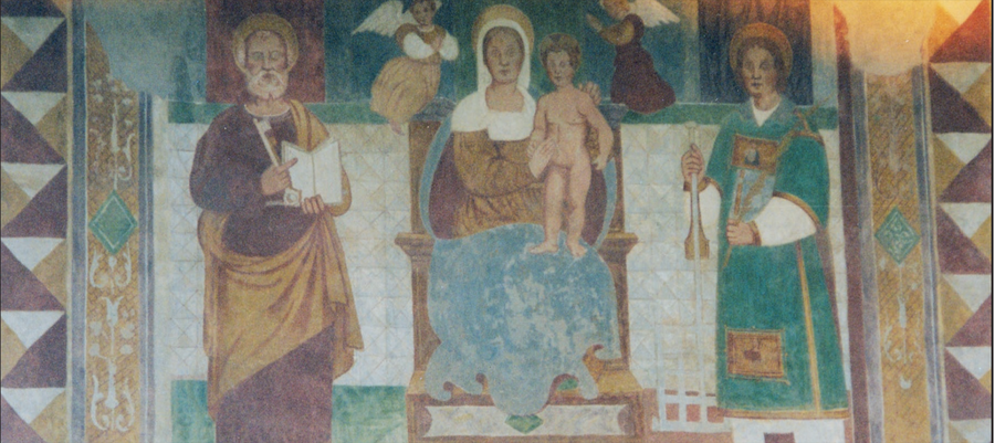 File:San Lorenzo (Sedegliano) - Casa Uarnel - affresco di Marco Tiussi (Madonna col Bambino tra i Santi).png